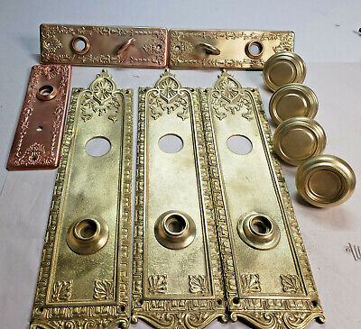 Lot of 6 Brass Victorian Cylinder Lock Door Knob Back Plates and 4 Doorknobs