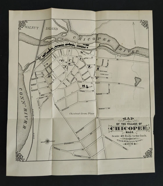 1876 antique VILLAGE of CHICOPEE ma MAP foldout likely from directory