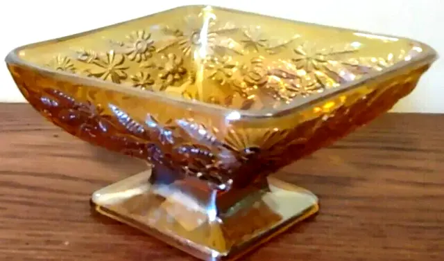 Vintage Indiana Amber Carnival Glass Pedestal Diamond Shaped Candy Dish/Bowl