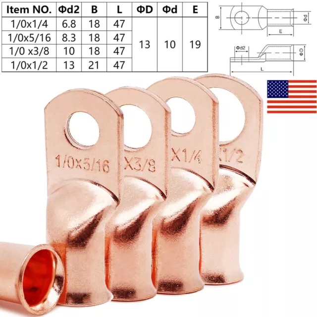 Bare Copper Cable Wire Lugs Ring Terminals Battery Wire Weld Cable Connector Lot