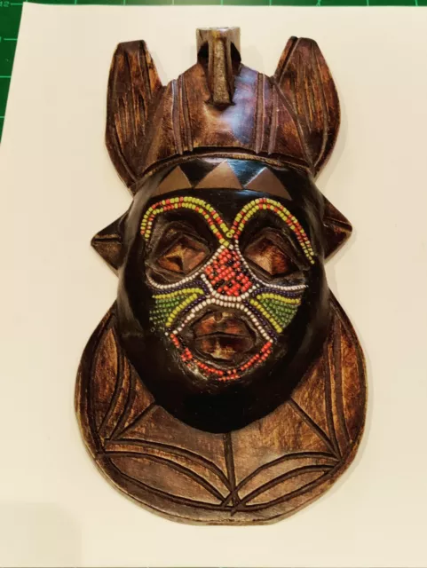 Vintage African Tribal Mask Hand Carved Wood Wall Hanging Decor Beads Folk Art