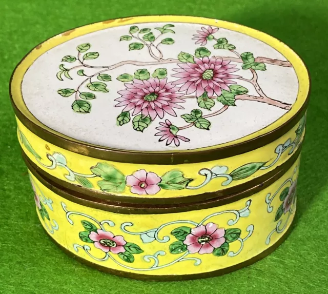 Antique Chinese Canton enamel Copper Oval Floral Trinket box