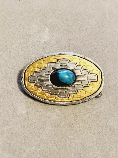 JJ Jonette Southwest Aztec Tribal Concho Silver Gold Tone Brooch Pin Faux Stone