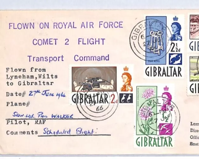 GIBRALTAR QEII Air Mail Cover RAF *COMET 2* FLIGHT Wilts Lyneham GB USA YW41