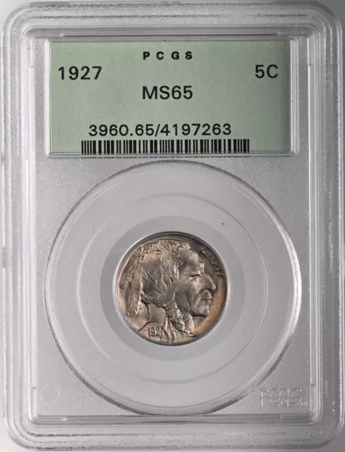 1927-P 5C Buffalo Nickel Gem Mint State Pcgs Ms65 #4197263 Ogh Old Green Holder!