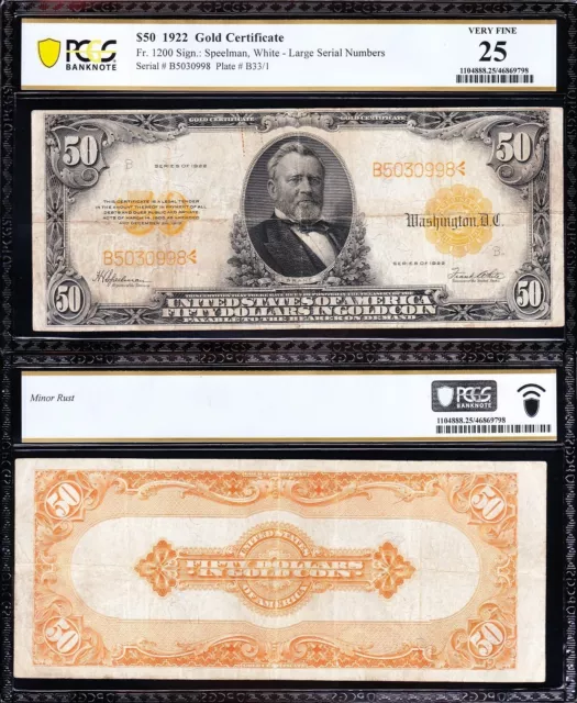 VERY NICE *SCARCE* Bold & Crisp VF 1922 $50 GOLD CERTIFICATE! PCGS 25! FREE SHIP