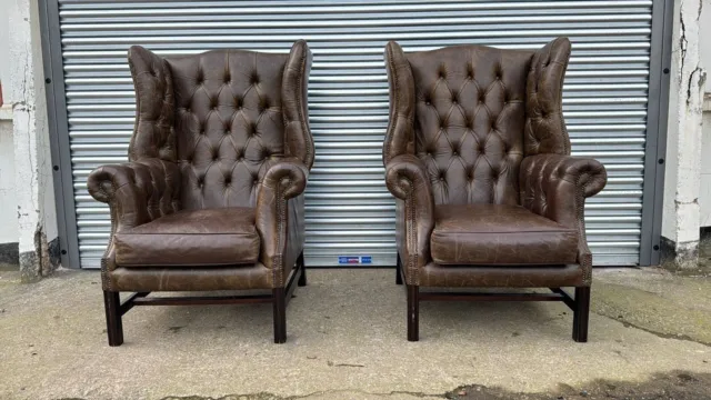 Pair Of Georgian Style Chesterfield Wingback Armchairs with  Studded Leather