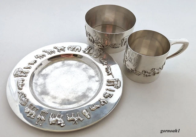 Gorham Sterling .925 Juego de 3 Piezas para Niños Plato, Tazón, Copa - Arca de Noé - aprox 1920
