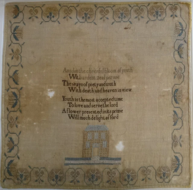 Fantastic Lg. Needlepoint Sampler. Adapted for youth Hymns, 18th/19thc. 21” x 21