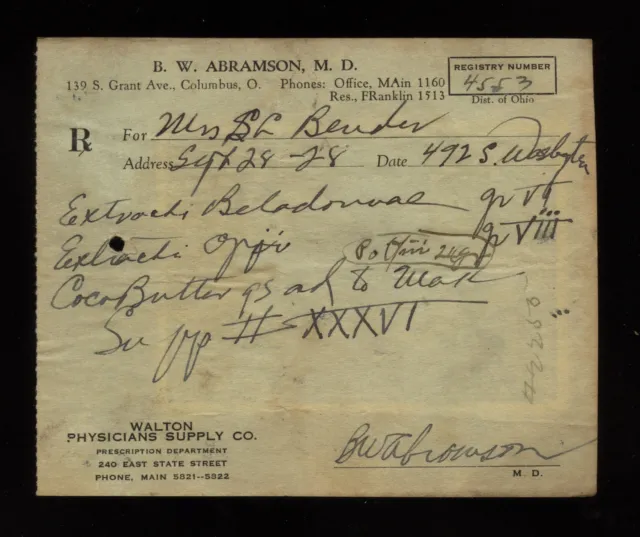 B.W. Abramson Columbus OH Ohio Handwritten Belladonna Opium Prescription 1928 #4
