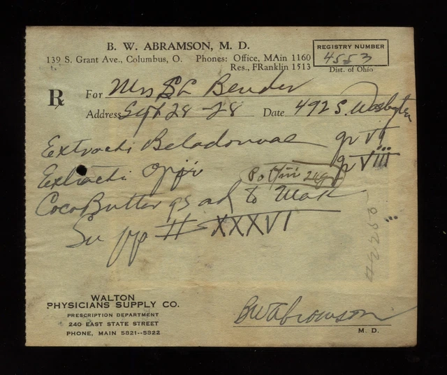B.W. Abramson Columbus OH Ohio Handwritten Belladonna Opium Prescription 1928 #4