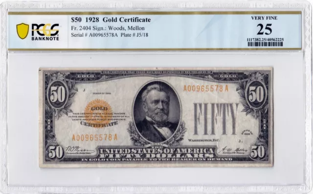 1928 $50 Gold Certificate Fr. 2404 PCGS-B VF 25 Fifty Dollar Bill Nice Paper!