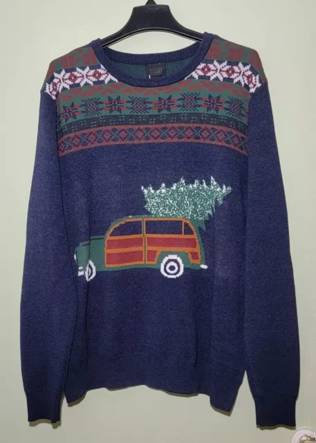 Christmas Ugly Sweater 14th & Union Red Truk  Navy Men's Sweater Round Neck XL