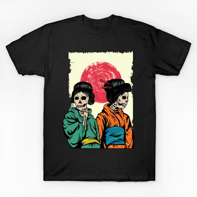Skeleton Geisha Girls in Rising Sun Japanese Kanji Aesthetic Women Men T-Shirt