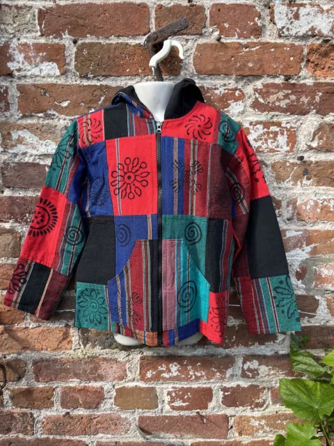 Felpa con cappuccio/giacca in cotone patchwork cappotto hippie/boho/festival 7-8 anni