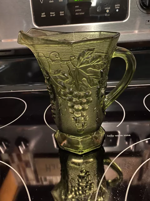 Anchor Hocking Green Glass Pitcher Grape and Leaves Design