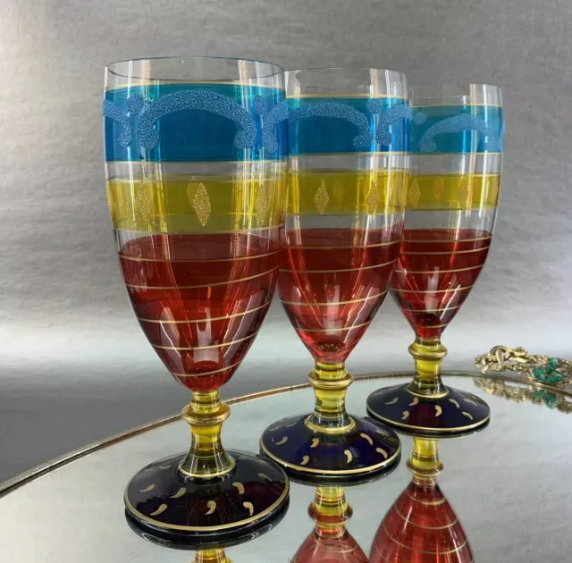 Royal Danube Set Of 3 Hand Painted 8” Goblets Glasses Barware Multicoloured Bar