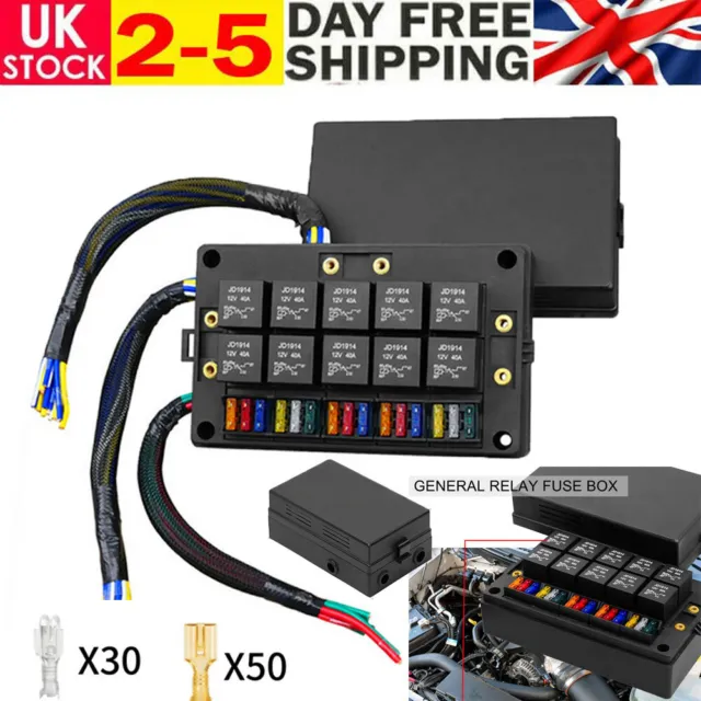 Pre-Wired Fuse Relay Box with 10pcs 5-Pin 40A Relays and 15 Fuses for 12V Car RV