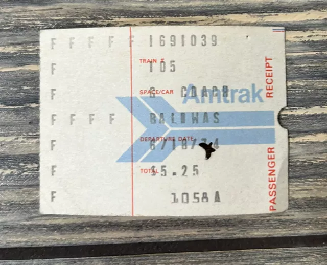 Vintage June 1974 Amtrak Train Coach Baldwas Ticket Stub