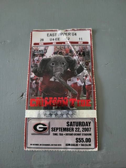Alabama Football Vs Georgia game Day ticket Stub. 2007.