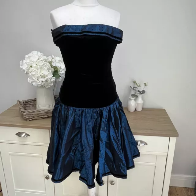 vintage Blue taffeta dress Strapless Black Velvet 80s Party Bow 6-8