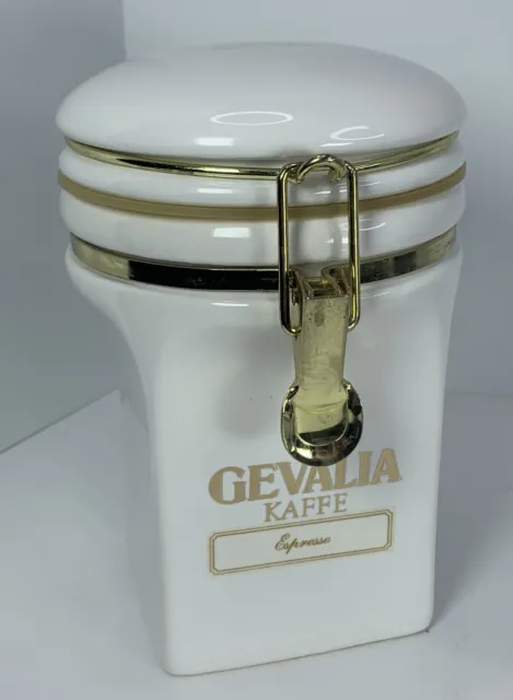 Gevalia Kaffe Canister Storage Jar White Ceramic Gold Toned Coffee Holder