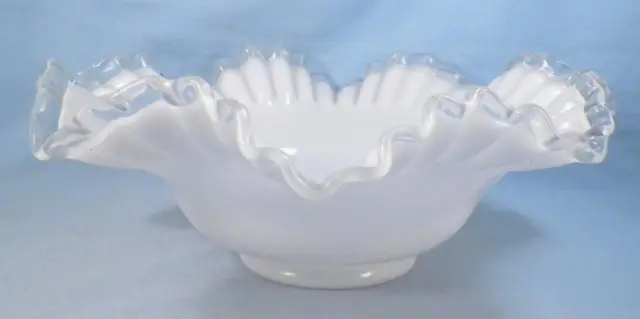 Fenton Silver Crest Bowl 11in. Double Ruffled Milk Glass Clear Edge Vintage Big