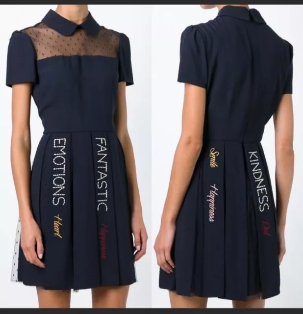 RED Valentino Navy Lace Pleated Embroidered dress sz 8