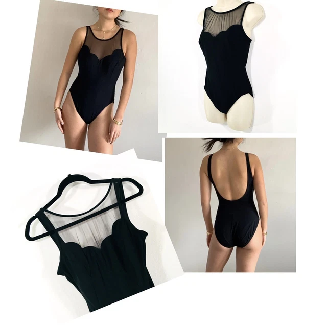 LONGITUDE  Vtg One Piece Swimsuit Sz 4-6 Mesh Illusion Neckline