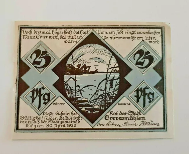 Grevesmühlen Reutergeld Notgeld 25 Pfennig 1922 Notgeldschein (11782)