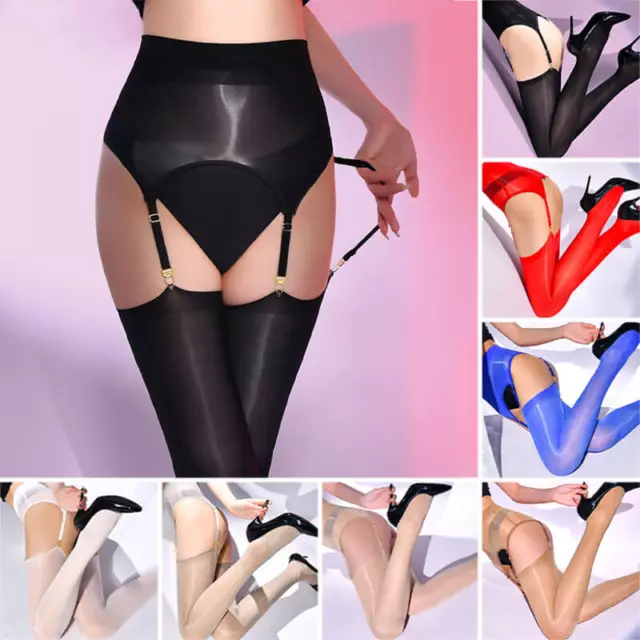 Womens Shiny Glossy Garter Belt Suspender Buckles Straps + Thigh-Highs Stockings