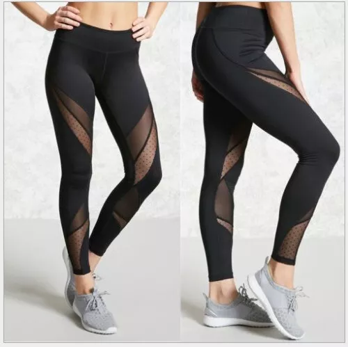 Damen Jogginghose Leggings Mesh Push Up Yoga Hose Fitness Leggins Schwarz Gym