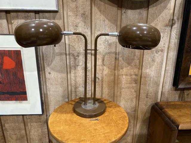 Vintage Mid-century Modern  Brown Table Lamp *Needs Work* 2 Globes Enamel Metal