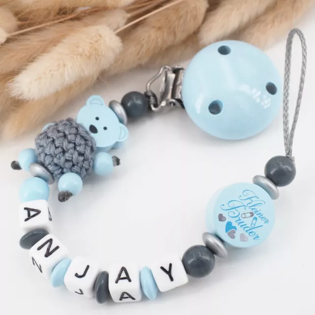 Schnullerkette mit Namen ❤ kleiner BRUDER & Teddy ❤ Junge Babygeschenk blau grau