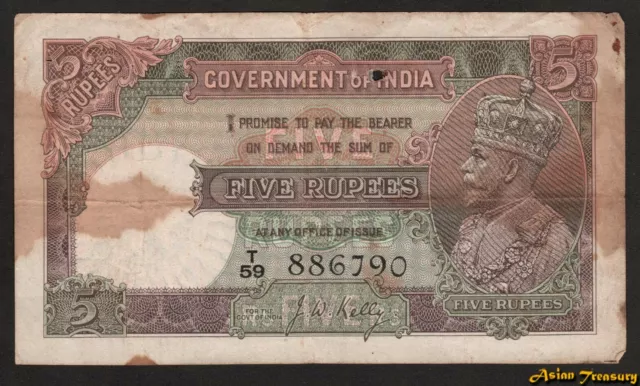 1928 British India 5 Rupees Banknote P-15B King George V J.w. Kelly Kgv F/+