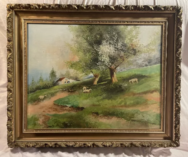 Antique Oil on Canvas Landscape Painting w/ Sheep Gilt Carved Wood Frame