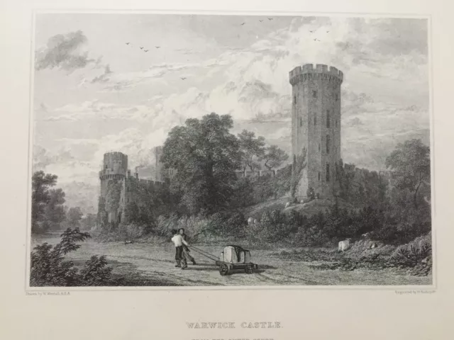 1823 Antique Print; Warwick Castle, Warwickshire after William Westall. Scarce