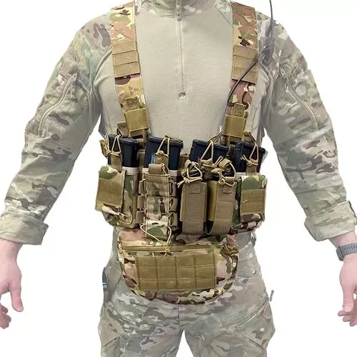 commando style chest rig with attachable combat bag, GPS pouch, Rifle