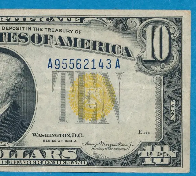 $10. 1934-A North Africa  Wwii  Yellow Seal Silver Certificate Vf/Xf Free Ship