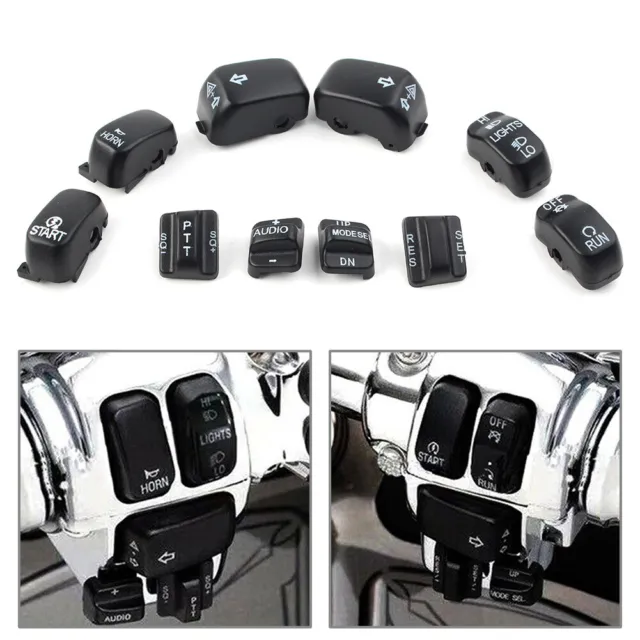 10pcs Hand Control Switch Cover Button Cap Set For Harley Touring 96-13 US Black