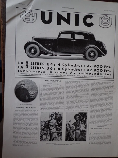 UNIC 2 litres et 3 litres automobile PUTEAUX publicité papier ILLUSTRATION 1934