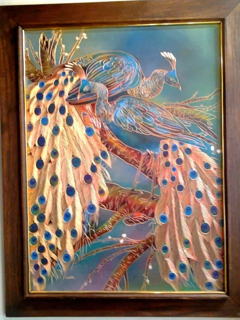 Unique Carved Framed Painting of Supremely Elegant Peacocks 23" x 29"