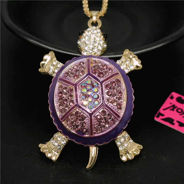 Betsey Johnson Rhinestone Purple Enamel Lovely Turtle Crystal Pendant Necklace