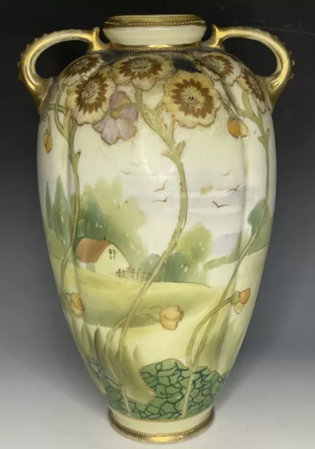 Antique Art Nouveau Cottage Pastoral Scene Vase Large Flowers Porcelain Nippon