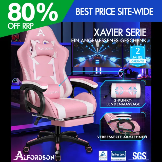 ALFORDSON Gaming Stuhl mit 2-Punkt Massage Bürostuhl mit Fußstütze Rosa & Weiß