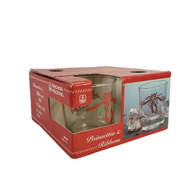Anchor Hocking Poinsettia & Ribbons Pattern Rocks Set of 4 Glasses 9oz Tumblers