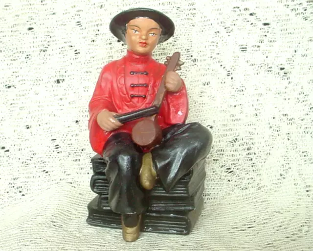 Vintage Midcentury Asian Man Musician Porcelain Figure Hand Painted 5-1/2"