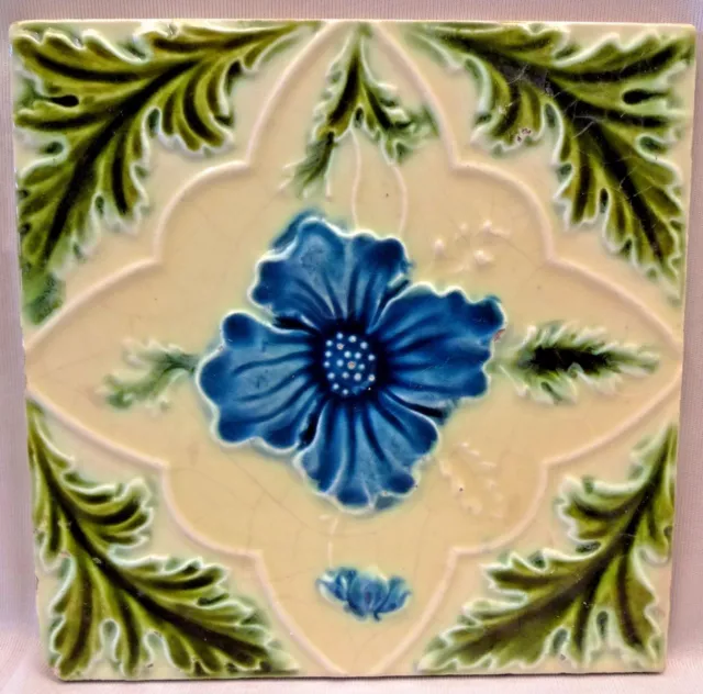 Antique English Tile Majolica Flower Motif Design Ceramic Architecture Rare "159
