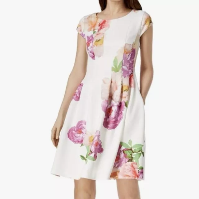 Calvin Klein Ivory Colorful Floral Pleated Scuba Flare Pockets Dress 22W