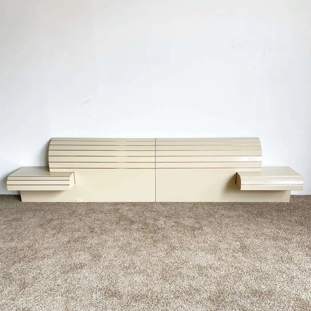Postmodern Cream Lacquer Waterfall Headboard and Floating Nightstands by Rougier
